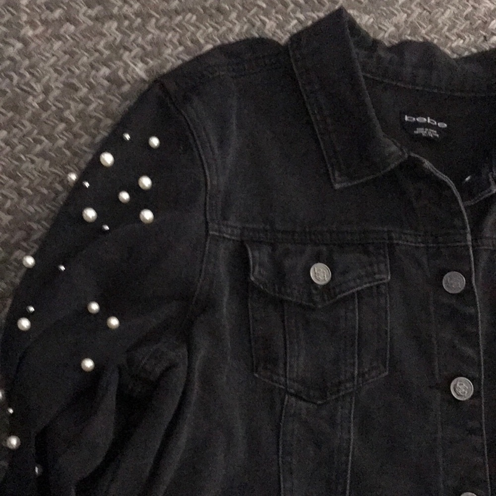 BEBE Black Denim Rhinestone Jacket XL - Picture 2 of 6